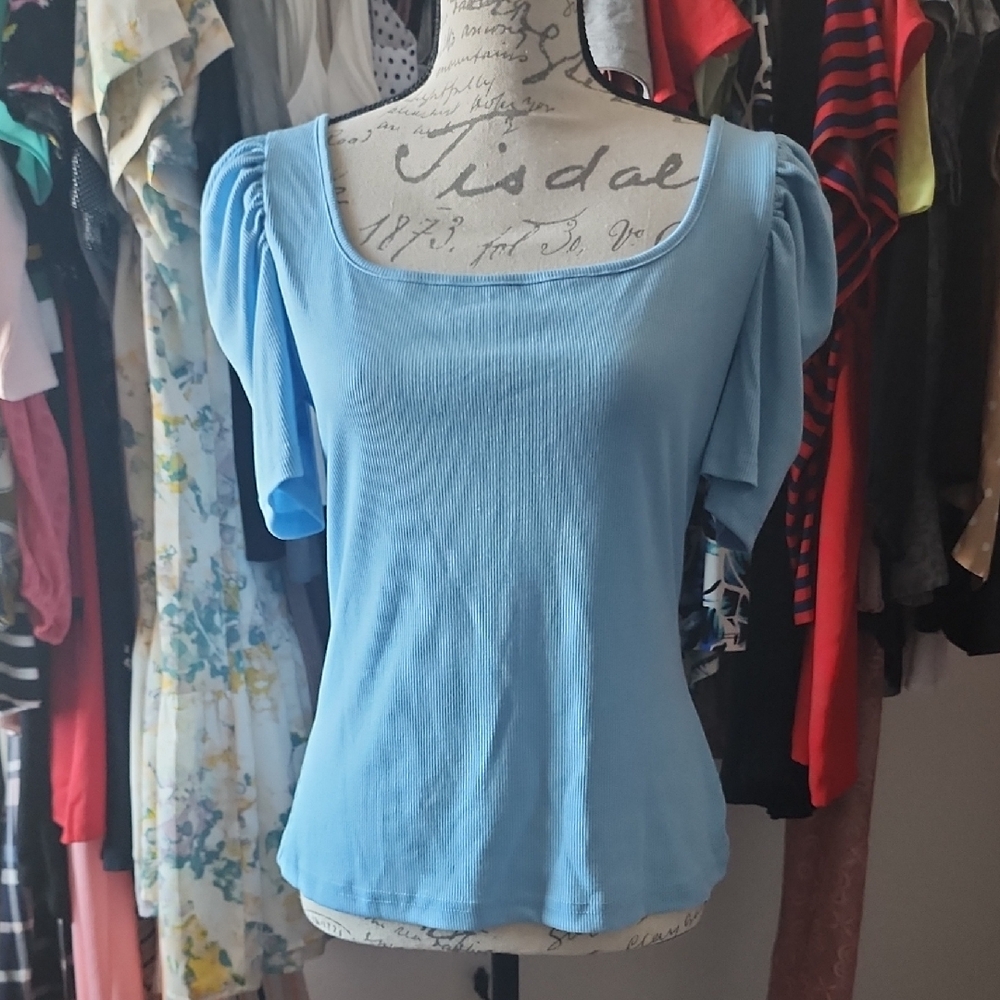 SHEIN Light Blue Puff Sleeve Blouse